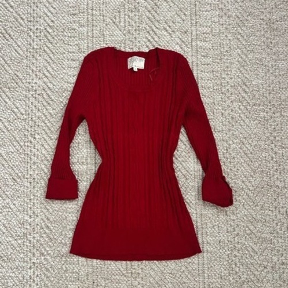Debbie Morgan Red Cable Knit Sweater Scoop Neck Button Cuff Top Womens Medium
